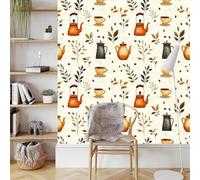 Café Théière Papier Adhesif Meuble Mat Papier Peint Mural Film Vintage Feuilles Autocollant Wallpaper Rouleau Impermeable Stickers Collant Décoration pour Cuisine Tables Armoires Mur 0.52X10 M
