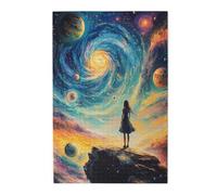 Cafemira Puzzle classique en bois pour adultes de 1000 pièces, une fille regardant les galaxies et les étoiles lointaines, exercice des capacités manuelles et de la patience, brainstorming pour