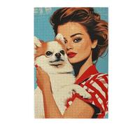 Cafemira Puzzle en bois de 1000 pièces, pour adultes, femme tenant un chien pomsky, détendez-vous et profitez du plaisir de la résolution, exercez vos mains sur les compétences, plaisir à la fois le