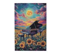 Cafemira Puzzle en bois de 1000 pièces pour adultes, piano à queue dans un champ de tournesol, scène musicale dorée surréaliste, soulage le stress et profitez du plaisir de la résolution, exercez vos