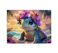 Cafemira Puzzle en bois de 500 pièces, bébé tortue de mer mignon portant une couronne de fleurs colorée, activités créatives pour adultes, exercice de capacité manuelle et patience de pensée, défi