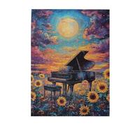 Cafemira Puzzle en bois de 500 pièces, piano à queue dans un champ de tournesol, scène musicale dorée surréaliste, exercice mains sur les compétences et la pensée, brainstorming pour soulager le