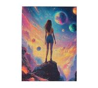 Cafemira Puzzle en bois de 500 pièces pour adulte, une fille regardant avec admiration les galaxies et les étoiles lointaines, exercice mains sur les compétences et la pensée, brainstorming pour