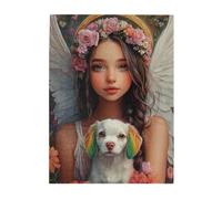 Cafemira Puzzle en bois de 500 pièces pour adultes, belle fille avec couronne de fleurs et chiot blanc, soulage le stress et profitez du plaisir de résoudre des puzzles, des loisirs exploratoires et