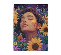 Cafemira Puzzle en bois de 500 pièces pour adultes, femme sereine yeux fermés entourés de tournesols, loisirs et défis exploratoires, assemblage manuel de votre décoration d'intérieur