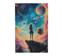 Cafemira Puzzle fantaisie en bois de 1 000 pièces, une fille regardant les galaxies et les étoiles lointaines, loisirs créatifs pour adultes, soulage le stress et profitez du plaisir de résoudre