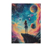 Cafemira Puzzle fantaisie en bois de 500 pièces, une fille regardant les galaxies et les étoiles lointaines, loisirs créatifs pour adultes, soulage le stress et profitez du plaisir de résoudre