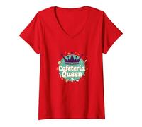 Cafeteria Queen: Humour du Service Alimentaire Royal pour Le déjeuner des Dames T-Shirt avec Col en V, Femme, Rouge, M