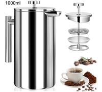 Cafetière à Piston - 1L - French Press en Acier Inoxydable - Cafetière à Piston avec Filtre Lavable - Pour 4-6 Tasses