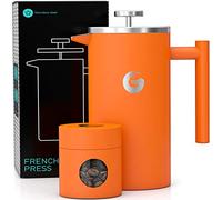 CAFETIERE A PISTON/A PRESSION orange 1 litre en inox de qualité supérieure avec parois isolantes - Votre café reste chaud longtemps - Boîte de conservation pour café moulu ou en grains offerte