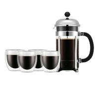 Bodum Set cafetière à piston Chambord K1928-16-2 1 L + 4 verres double paroi Pavina 25 cl argent