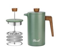 Cafetière à piston en acier inoxydable avec poignée en bois véritable, double paroi isolée avec double filtre écran, parfaite pour le camping et la cuisine