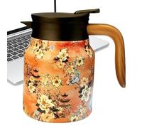Cafetière Isolée - Flacon En Acier Inoxydable De 1000 Ml, Motif Floral Rétro | Théière Avec Filtre À Passoire Bouteille Isolée | Manche En Bois, Pichet Chauffant Étanche, Distributeur De Boiss