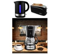 Cafetière Machine à café Programmable NOIRE 6 tasses 650W + Grille-pain Noir 2 longues et larges fentes 1300W + Bouilloire