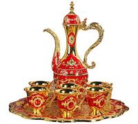 Cafetière Turque Vintage avec 6 Tasses à Café, Ensemble de Théière en Métal Comprenant Une Théière Artisanale et Des Tasses à Thé pour Cadeau de Mariage D'artisanat D'art(rouge)