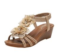 CAFETU Sandales à fleurs pour femme - Bout ouvert - Élastique - Sangle de cheville - Sandales habillées pour femme - Confortables d'été bohèmes, abricot, 37 EU