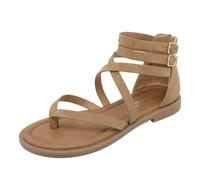 CAFETU Sandales confortables pour femme avec bride de cheville - Sandales plates - Sandales de plage - Bout ouvert - Sandales croisées pour femme - Vêtements d'été, marron, 41.5 EU