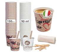 Caffetti Lot de 150 gobelets à café de 90 ml + 150 palettes, gobelets en papier de 90 ml, fabriqués en Italie, spatules jetables en bois de bouleau recyclables, pour restaurants, bureaux, transports