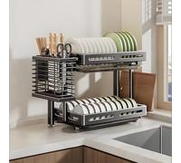 CAFIEDR Égouttoir À Vaisselle À 2 Niveaux en Acier Inoxydable - Organisateur Multifonctionnel pour Assiettes Et Bols - Étagère D'Évier Gain De Place - Durable Et Élégant.Grey-35cm/13.8in