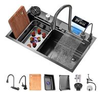 CAFIEDR Évier de cuisine cascade en acier inoxydable 304 avec robinet numérique - Évier multifonction avec panier de drainage, planche à découper, rondelle de tasse et composants de drainage (noir, 80