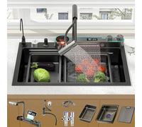 CAFIEDR Évier de cuisine intelligent multifonctionnel Nano nid d'abeille Cascade Évier en acier inoxydable 304 Grand évier simple (noir gris, 80 x 45 cm)