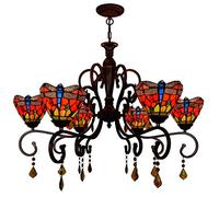 CAFIEDR Lustre 32" 6 têtes Bronze Rouge Support de café Lustre en Cristal Lampe Libellule Rouge Abat-Jour en Verre coloré Plafonnier inversé Lampe Suspendue pour Hall Salon Suspension Salle Restauran