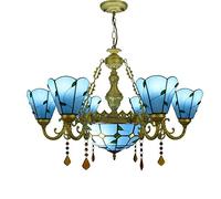 CAFIEDR Lustre de Salle à Manger de 32 Pouces, Style Feuilles Bleu-Vert, Abat-Jour en Verre teinté, Lustre à 6 Bras avec Suspension de Plafond inversée de 12 Pouces pour Hall, Salon, Restaurant, Bar