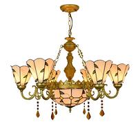 CAFIEDR Lustre de Salle à Manger de 32 Pouces, Style Simple, Feuilles Vertes, Abat-Jour en Verre teinté, Lustre à 6 Bras avec Suspension de Plafond inversée de 12 Pouces pour Hall, Salon, Restaurant,