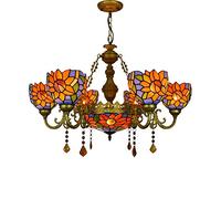 CAFIEDR Lustre de Salle à Manger de 81 cm, Style Tournesol, Abat-Jour en Verre teinté, 6 Bras, avec Suspension inversée de 30 cm, pour Hall, Salon, Restaurant, Bar