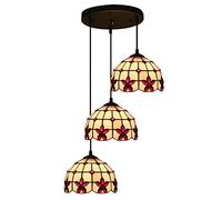 CAFIEDR Lustre Style, Suspension, Lustre de Salle à Manger en vitrail de 20 cm, Hauteur réglable, Perles de Cristal Rouges, plafonnier pour îlot de Cuisine, 3 lumières Rondes
