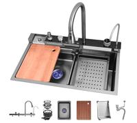 CAFIEDR OM Évier de cuisine à cuve unique en acier inoxydable multifonction avec robinet cascade et ensemble complet d'accessoires