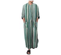Caftan à col rond à manches longues imprimé à rayures Thobe Long bouton Abaya Rétro Tuniques en coton avec poches pour hommes Vêtements arabes Côté islamique Split Vêtements de prière, vert, L