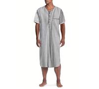 Caftan à manches courtes pour homme - Chemise d'été à manches courtes en coton - Peignoir rayé - Robe musulmane - Grande taille - Col en V - Bouton - Islam - Vêtements arabes - Pyjama en coton, gris,
