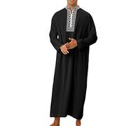 Caftan à manches longues en lin pour homme - Robe musulmane boutonnée avec poches - Tuniques Abaya - Kandoura - Courte - Été - Islam - Imprimé musulman - Robe multicolore - Arabe islamique
