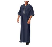 Caftan à manches longues en lin pour homme - Robe musulmane boutonnée avec poches - Tuniques Abaya - Kandoura - Courte - Été - Islam - Imprimé musulman - Robe multicolore - Arabe islamique