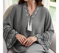 Caftan ample à manches chauve-souris avec imprimé géométrique patchwork et décoration de franges, robe arabe modeste pour femmes L,M,S,XLTribalTissu tissé