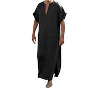 Caftan Homme Grande Taille,Djellaba Manche Courte Homme Coton Lin Robe Musulmane Chemises Col en V Couleur Unie VêTements De PrièRe Islamique Robes Arabes Moyen-Orient