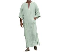 Caftan homme long arabe S-5XL : pyjama haut à manches longues pour homme musulman col en V caftan islam robe respirante confortable faire mode manches longues caftan coton lin, vert, XXXXXL