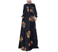 Caftan Maxi Robe à manches longues boutonnée Longueur cheville Imprimé Modeste Islamique Dubaï Tenues Moyen-Orient Élégant Robe de prière Vêtement Décontracté, 02#_bleu, 3XL