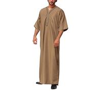 Caftan pour homme, caftan à manches longues en lin - Robe musulmane pour homme - Robe boutonnée avec poches - Tuniques Abaya - Kandoura - Courte - Été - Islam - Imprimé musulman - Robe multicolore