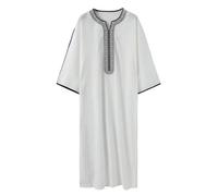 Caftan - Robe longue à manches longues en lin Abaya - Chemise de nuit - Caftan - Vêtement islamique - Robe musulmane à manches longues - Robe arabe - Vêtement de prière pour homme, Blanc (01), S