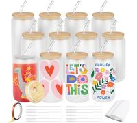 Cafultgo 16OZ 12 boîtes de verre de sublimation de pièces avec pailles et couvercles en pour cocktails, whisky, cola, jus, soda, thé, eau, ensemble cadeau, (Sublimation par givrage 12)
