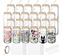 Cafultgo 16OZ 24 boîtes de verre de sublimation de pièces avec pailles et couvercles en pour cocktails, whisky, cola, jus, soda, thé, eau, ensemble cadeau, (Sublimation transparente 24)