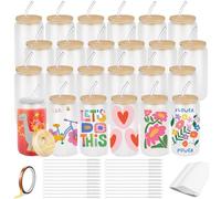 Cafultgo 16OZ 24 boîtes de verre de sublimation de pièces avec pailles et couvercles en pour cocktails, whisky, cola, jus, soda, thé, eau, ensemble cadeau, (Sublimation par givrage 24)