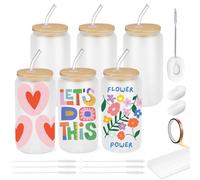 Cafultgo 16OZ 6 boîtes de verre de sublimation de pièces avec pailles et couvercles en bambou pour cocktails, whisky, cola, jus, soda, thé, eau, ensemble cadeau, (Sublimation par givrage 6)