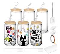 Cafultgo 16OZ 6 boîtes de verre de sublimation de pièces avec pailles et couvercles en pour cocktails, whisky, cola, jus, soda, thé, eau, ensemble cadeau, (Sublimation transparente 6)