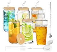 Cafultgo tasse de verre de 16oz, 5 paquets de verres à boire avec des couvercles en bambou et des pailles en verre, cuillère à cocktail, un shaker à cocktail de 530ml pour le bar à la maison (5pcs)