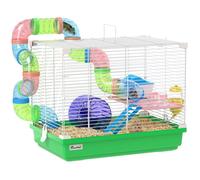 Cage à hamster - PawHut - 2 niveaux avec poignée - avec tunnel, biberon eau, roue, maisonnette, échelles - vert
