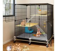 Cage à lapin en maille cryptée pour intérieur et extérieur, plateforme multicouche, avec coussinets et roues