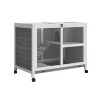 PawHut Cage à Lapin clapier sur roulettes Petit enclos Animaux en Bois Massif 2 étages Toit ouvrant Plates-Formes 91,5 x 53,3 x 73 cm Gris